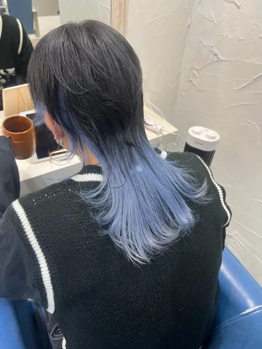 セミロング カラー メンズ メンズウルフカット 黒髪 ブルーカラー ブルーブラック ウルフカット ヘアカラー ♥️ルフ🐒 ミレイ♥️のヘアスタイル