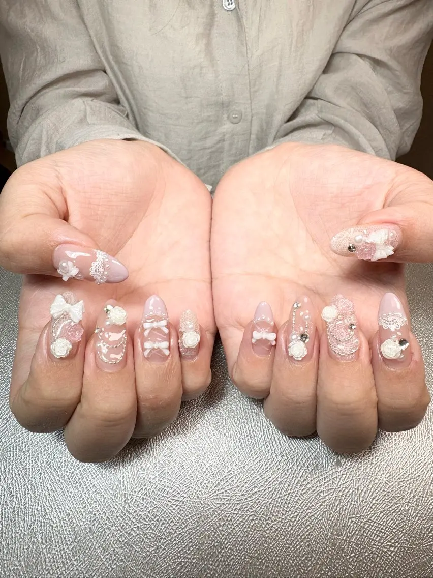ネイル フレンチネイル レース ピンク リボン ハンドネイル ✨韓国✨nail salonLumieのネイルデザイン