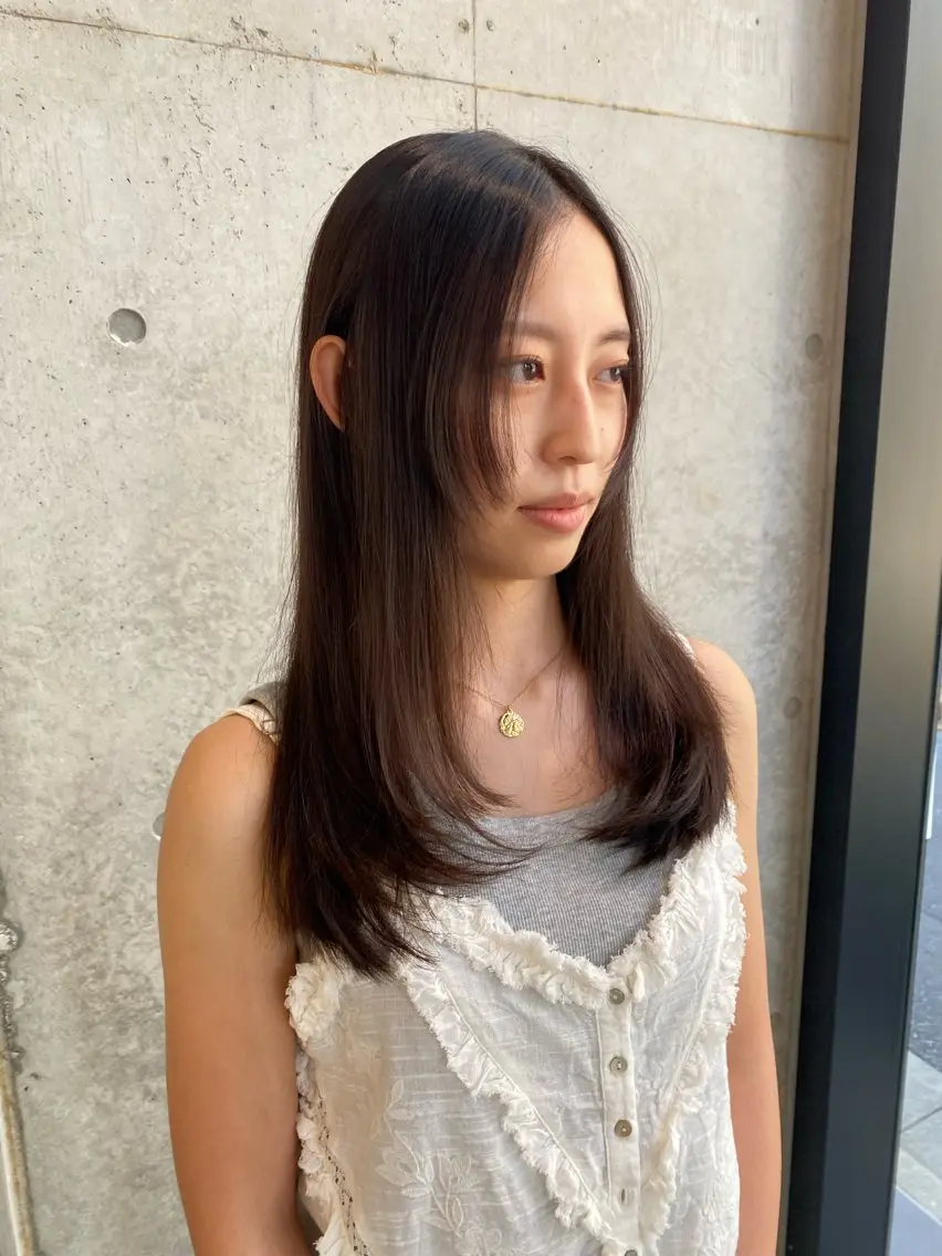 セミロング カラー カット 縮毛矯正 Saki/レイヤー/ 柔色カラー/顔まわりのヘアスタイル