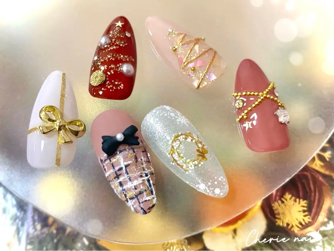 ネイル ジェルネイル リボン ツイードネイル 冬ネイル クリスマス ハンドネイル Cherienail yunaのネイルデザイン