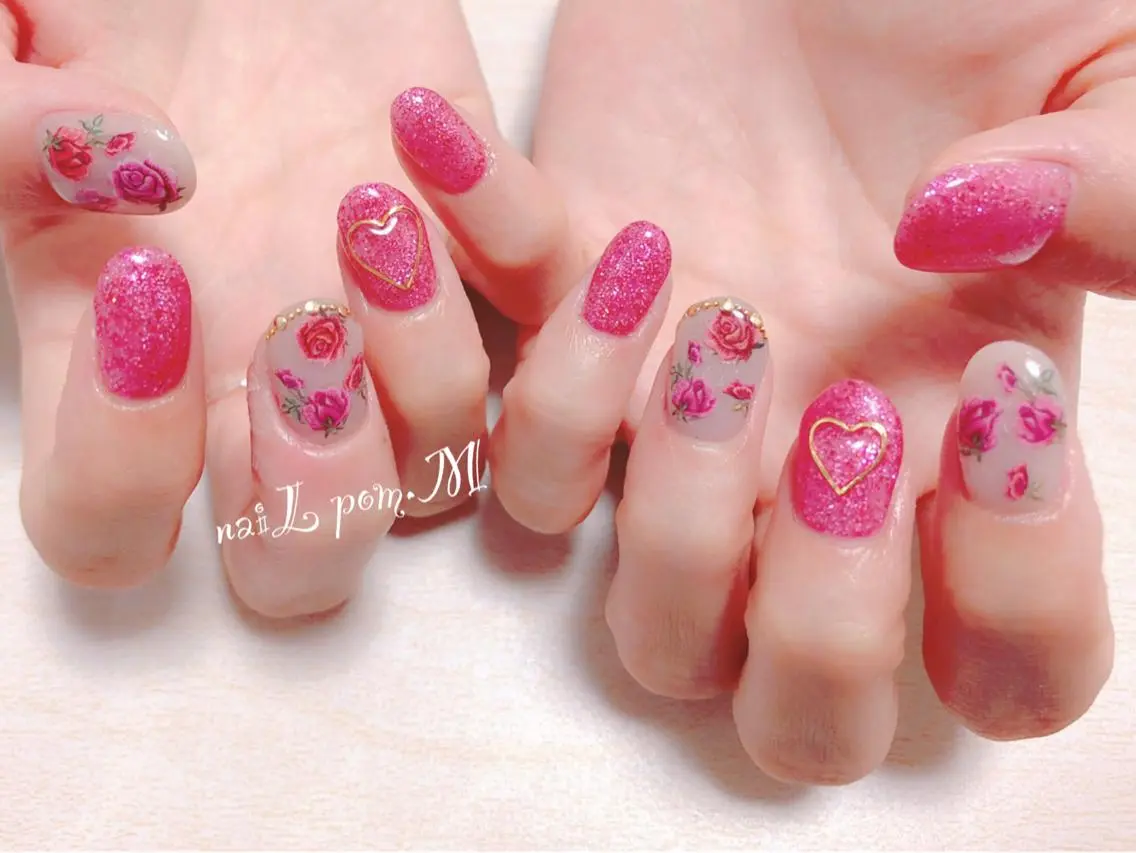 ネイル ラメ(グリッター) ピンク ハンドネイル ハンドケア naiL pom.Mのネイルデザイン