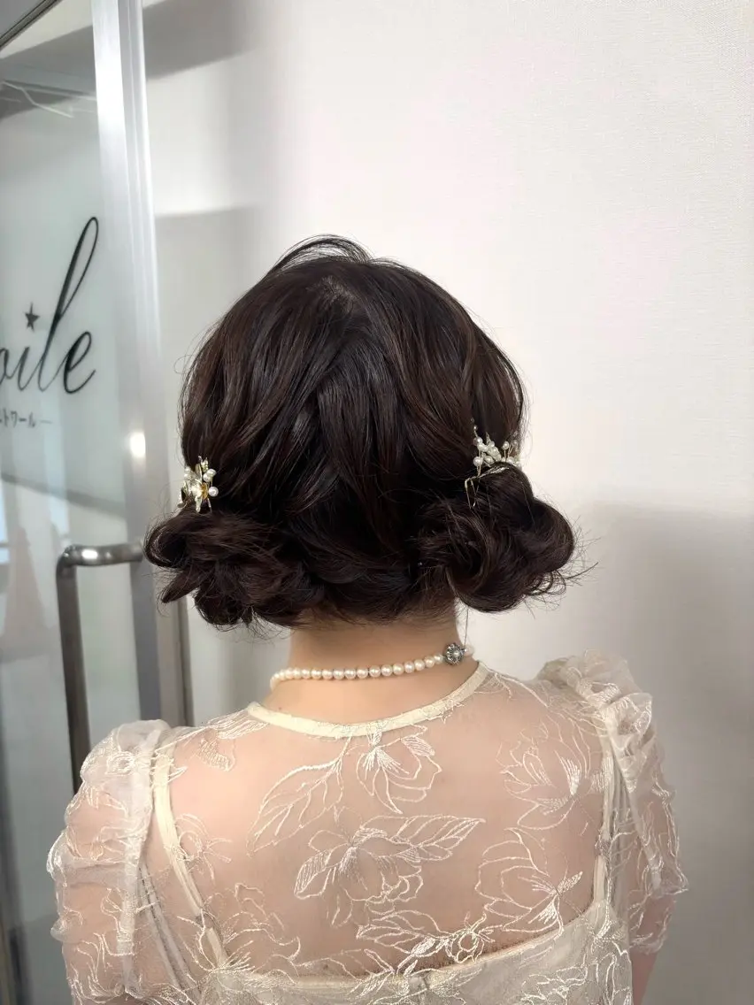 セミロング ヘアアレンジ お団子ヘア 結婚式・ブライダル ヘアセット/エトワ ール原宿/yumeのヘアスタイル