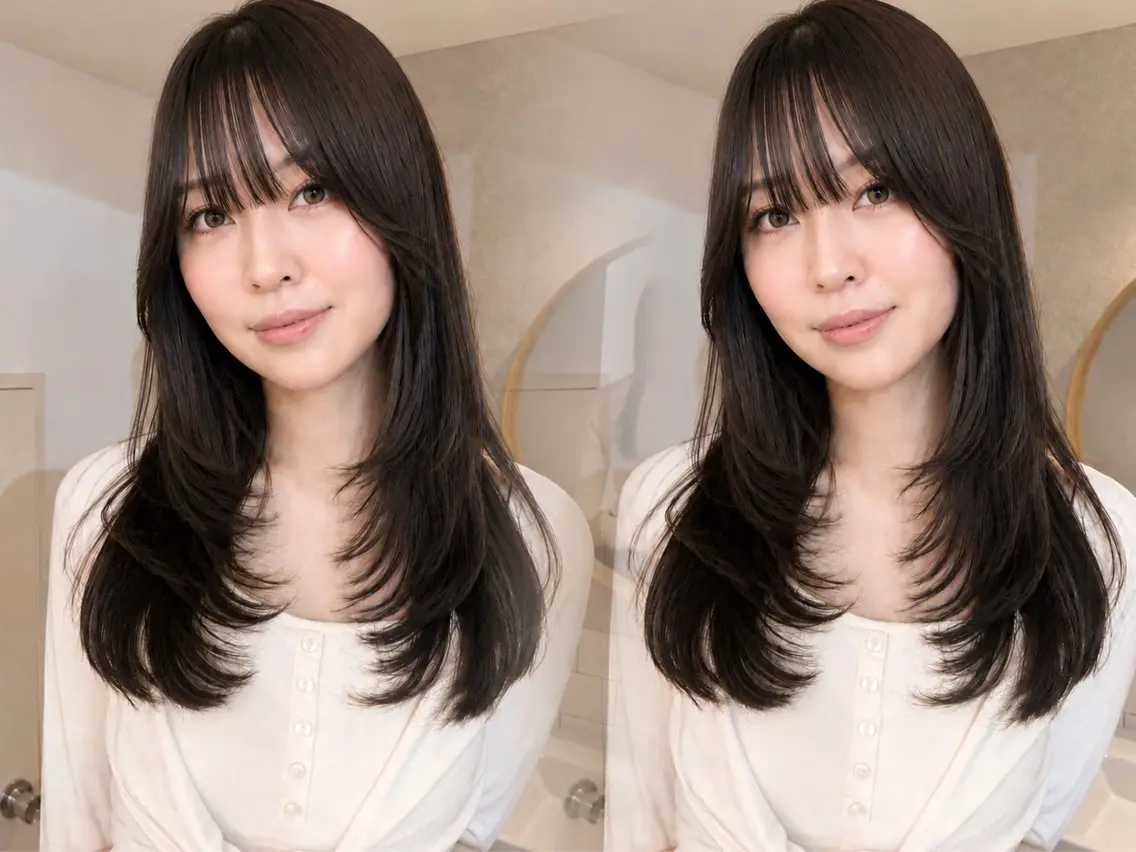 ロング カット ヘアカラー レイヤー/顔まわりカ ット/ハッシュカットのヘアスタイル