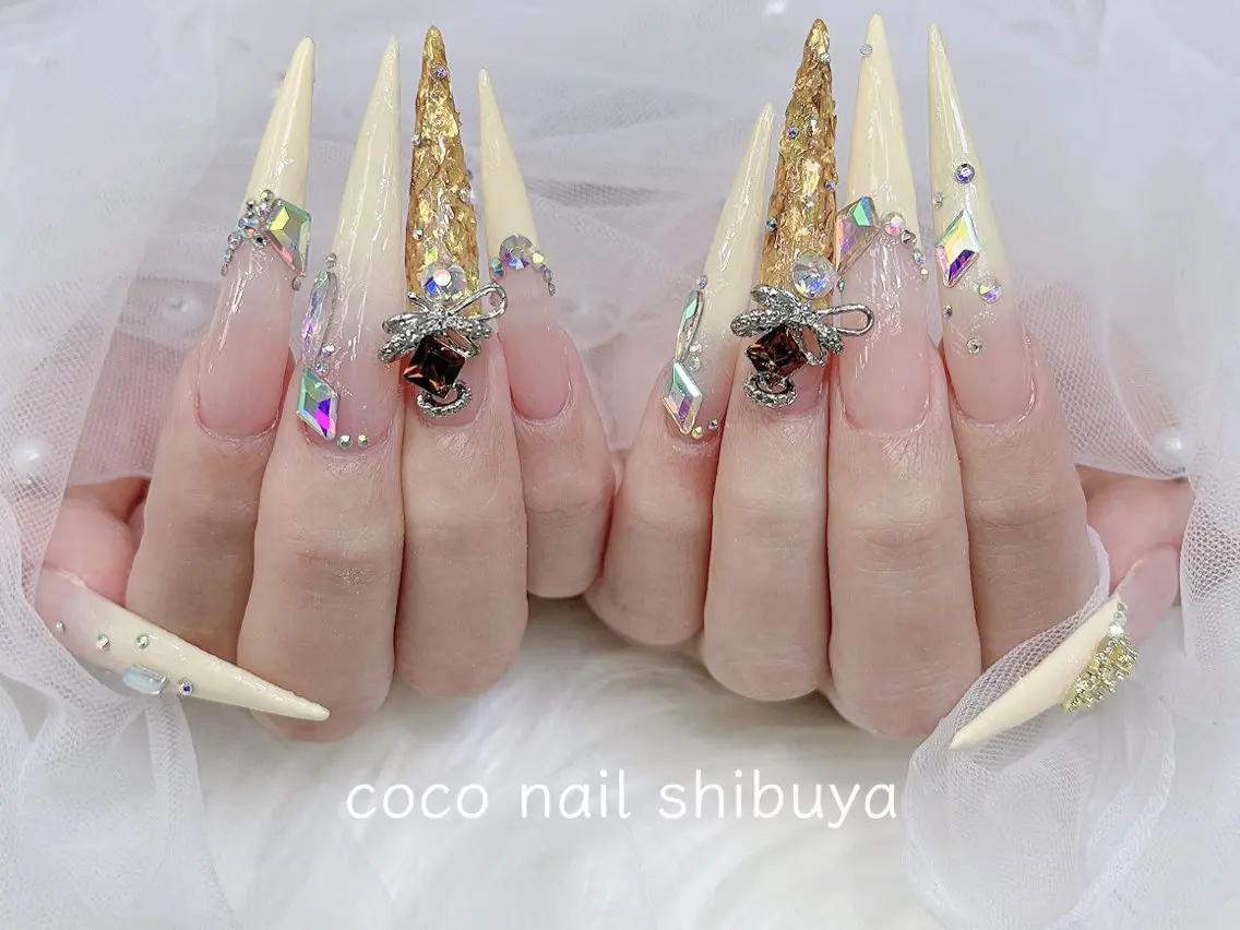 ネイル 成人式 大理石ネイル(マーブル) リボン 夏ネイル ネイルチップ ハンドネイル CoCo Nail 長さ出し専門店のネイルデザイン