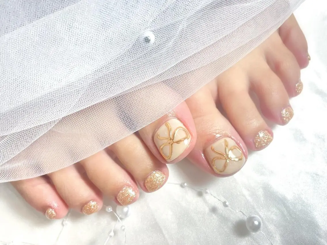 ネイル フットネイル リボン ワンホンネイル フットネイル joie ange 雪菜のネイルデザイン