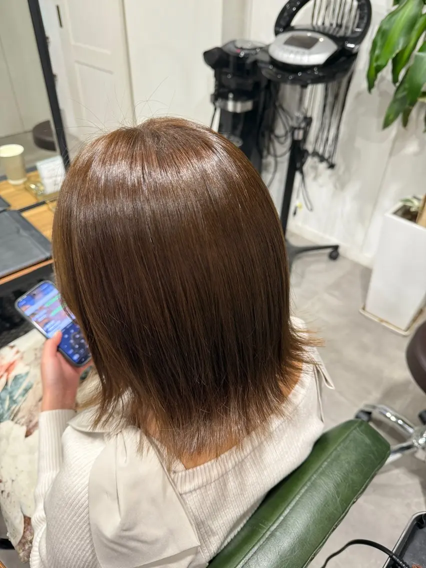 ミディアム カット ヘアカラー オリーブ🫒レイヤー /平尾/りの‎🤍のヘアスタイル
