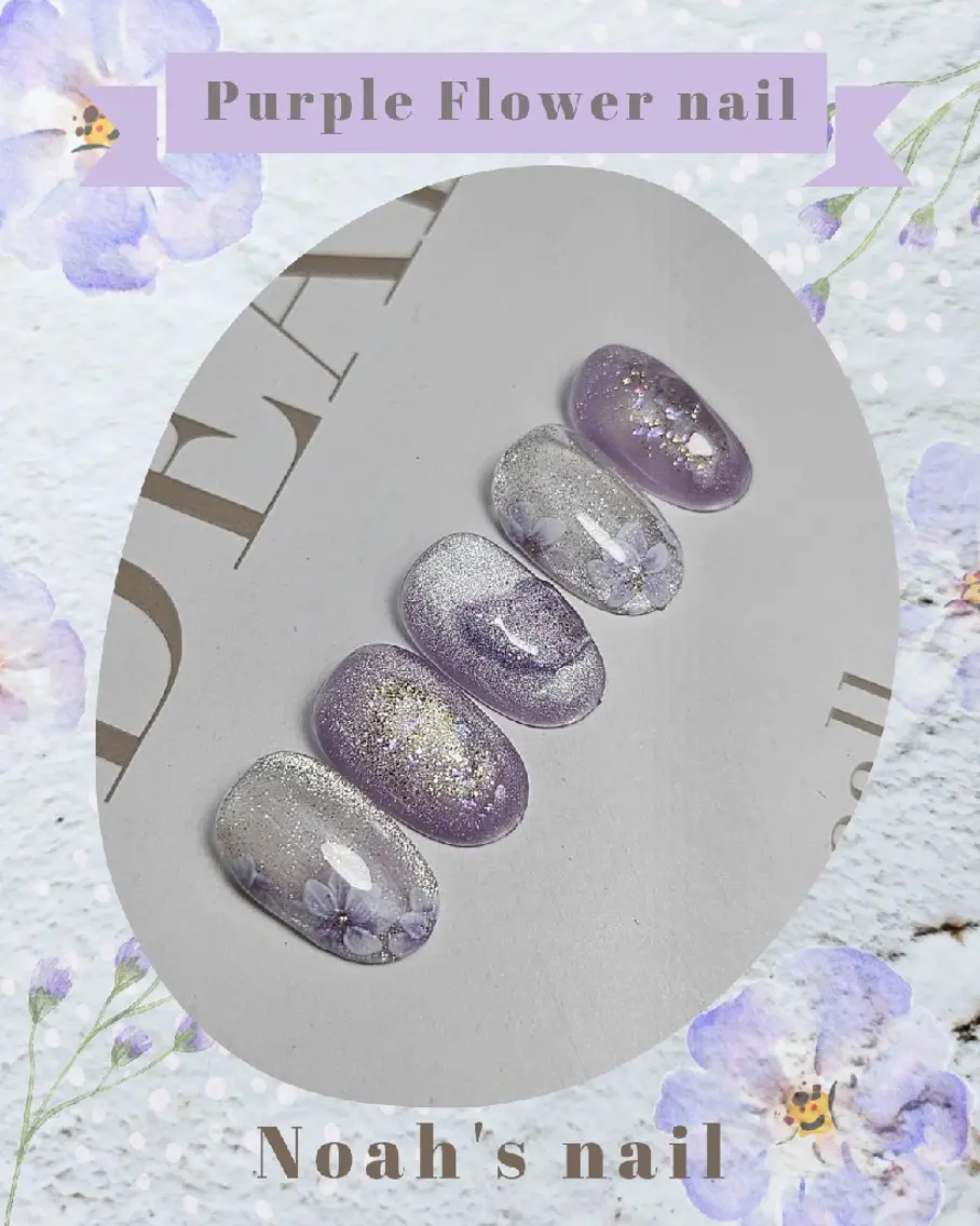 ネイル フラワーネイル ガーリー ニュアンスネイル パープル ハンドネイル Noah'snail   のネイルデザイン
