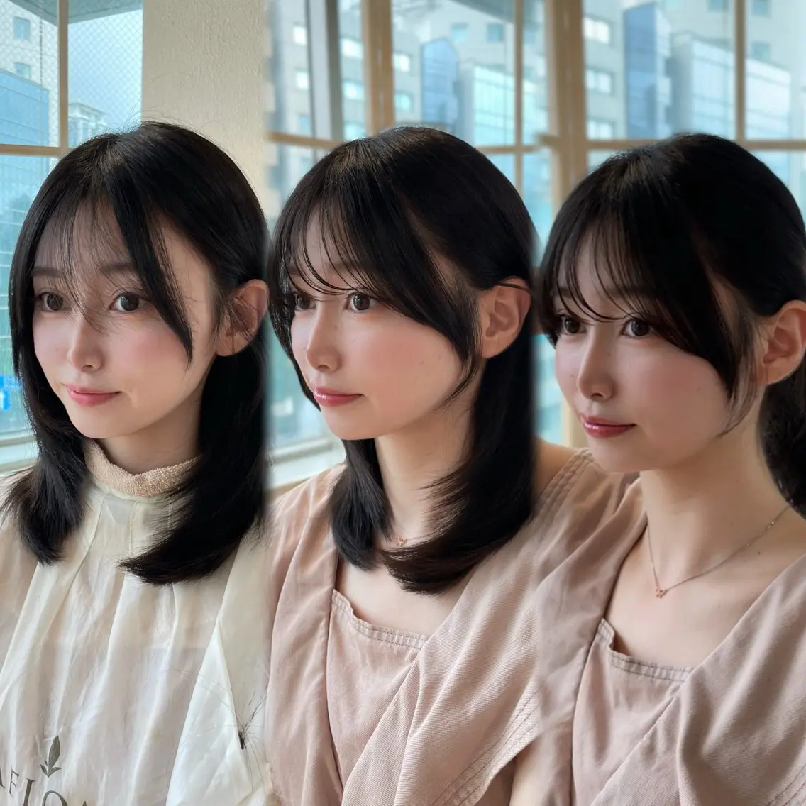 ミディアム カット ヘアカラー 表参道小顔カット前髪 割れ改善クロスパーマのヘアスタイル