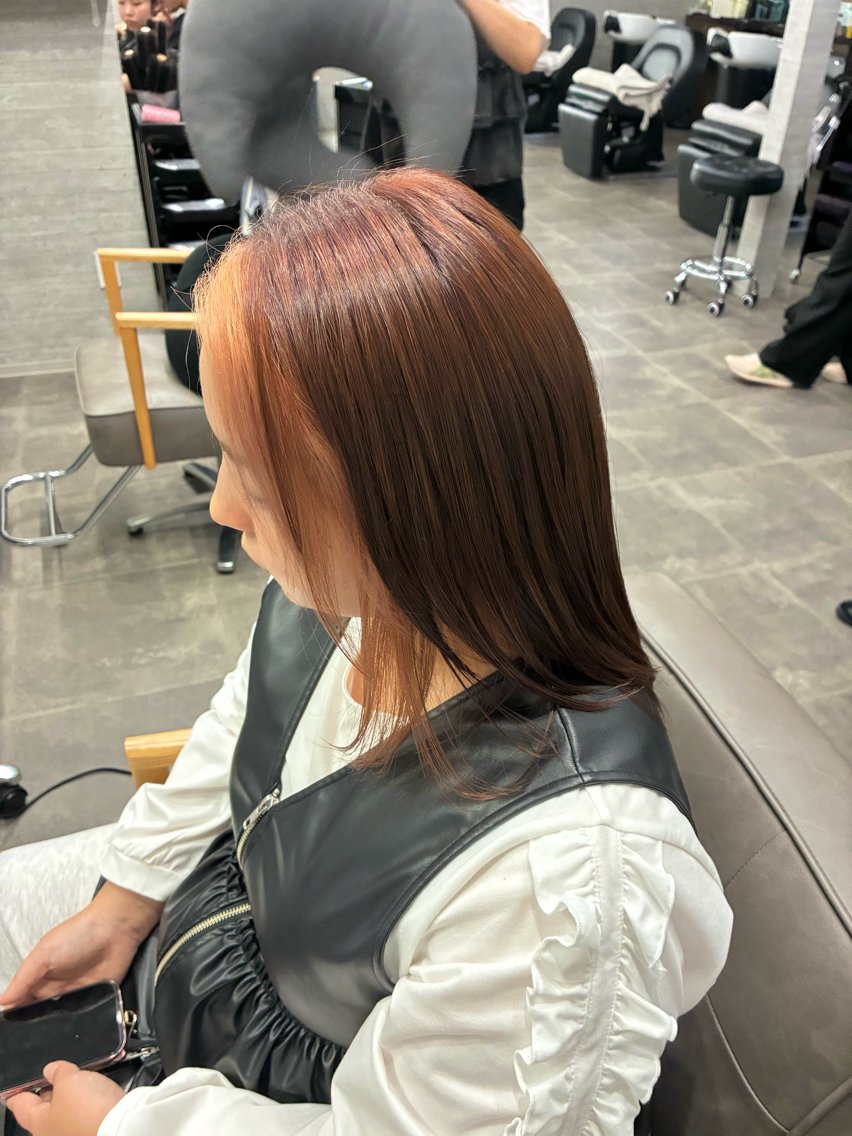 ミディアム カラー ミストバング  フェイスフレーミング オレンジ ヘアカラー ふるた/PALO/ ブリーチ/四日市のヘアスタイル