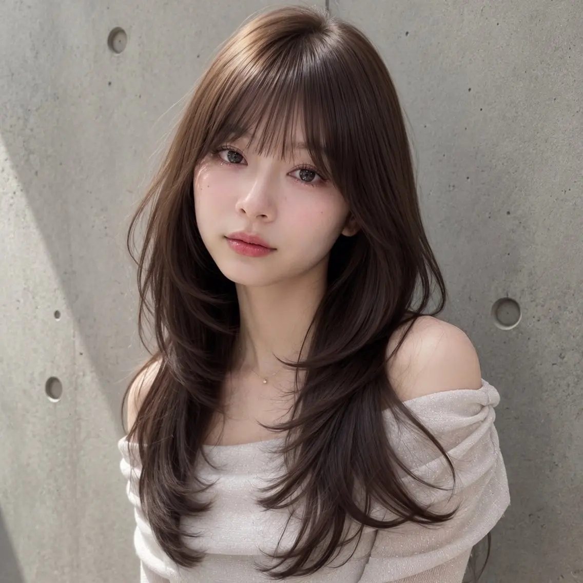 セミロング カラー 黒髪 透明感カラー グレージュ くびれヘア 顔まわりレイヤー カット ヘアカラー トリートメント 新宿/韓国レイヤー 髪質改善カラー/角所のヘアスタイル