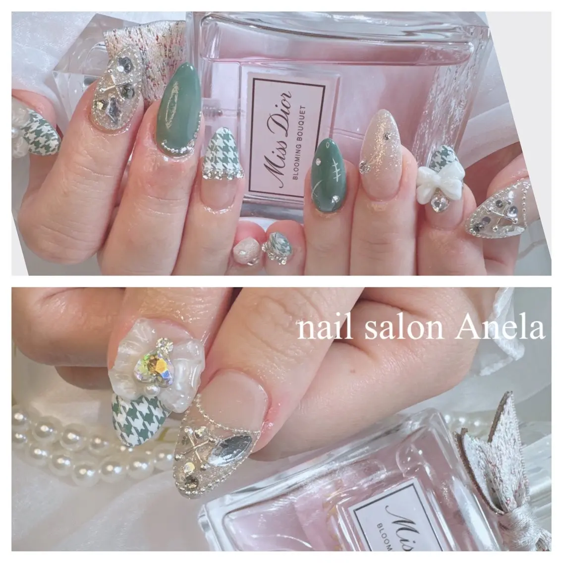 ネイル 長さ出し ジェルネイル ガーリー グリーン パラジェル ハンドネイル Anela🪞アネラ 久屋大通🫧EMIのネイルデザイン