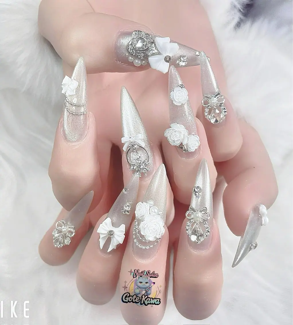 ネイル フラワーネイル キラキラネイル マグネットネイル リボン 春ネイル ハンドネイル ハンドケア Gote Kawa nail salonのネイルデザイン