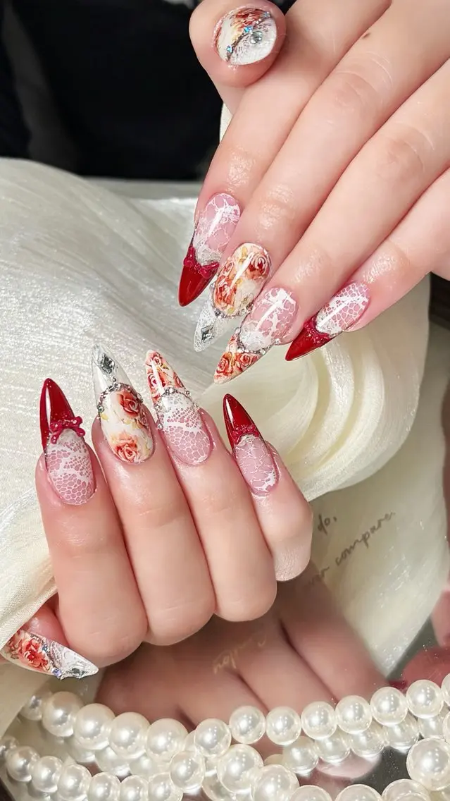 ネイル レース ロングネイル 赤色 池袋Di moのネイルデザイン