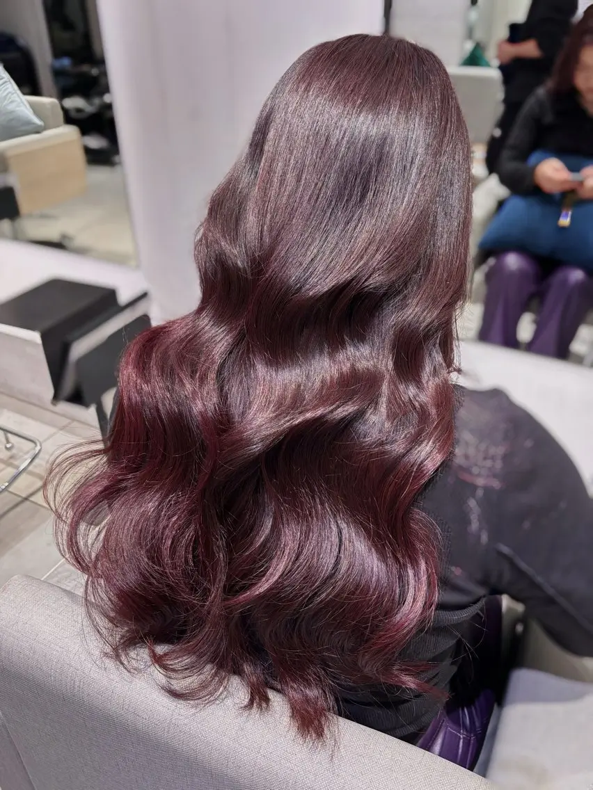 ロング カラー ブリーチ ボルドーカラー ブラウンカラー カシス ブリーチなしカラー カット ヘアカラー トリートメント 銀座/韓国レイヤー/ 艶カラー🍓原田侑依のヘアスタイル