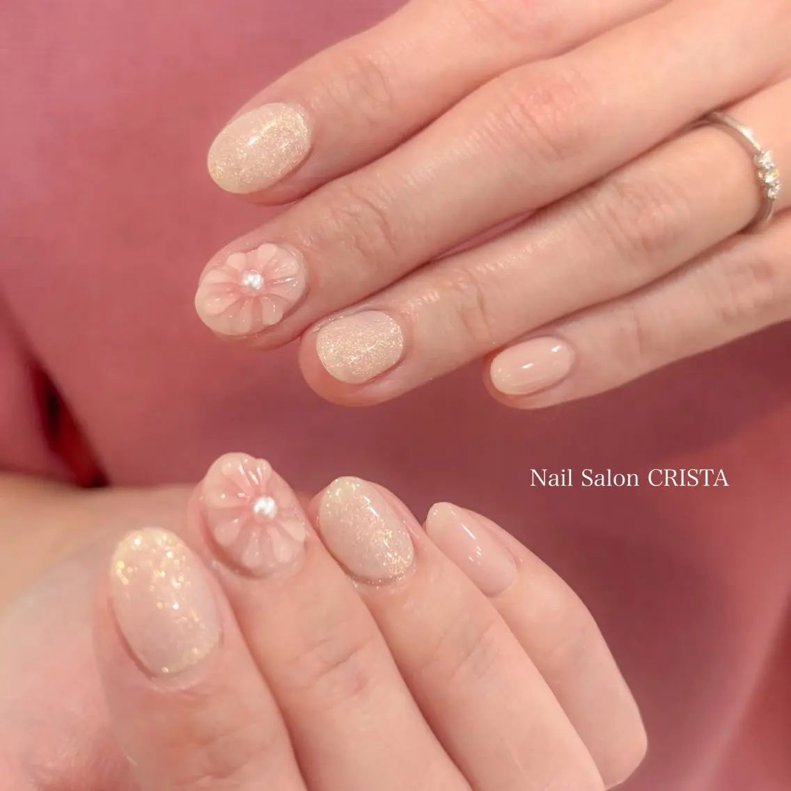 ネイル チークネイル フラワーネイル ガーリー キラキラネイル ラメ(グリッター) ハンドネイル CRISTA chikakoのネイルデザイン