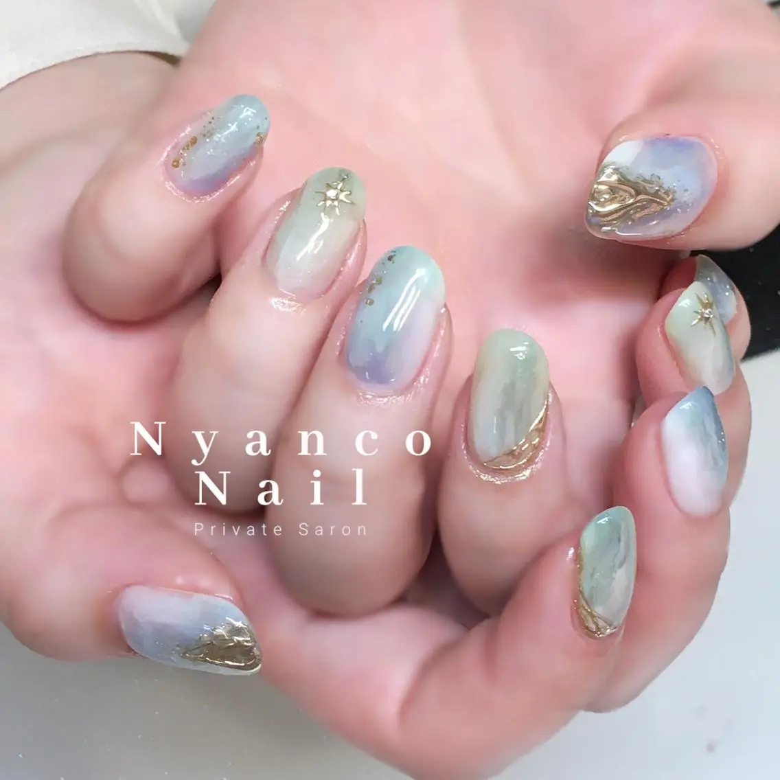 ネイル ブルー ジェルネイル グリーン ニュアンスネイル 夏ネイル Nyanco Nailのネイルデザイン