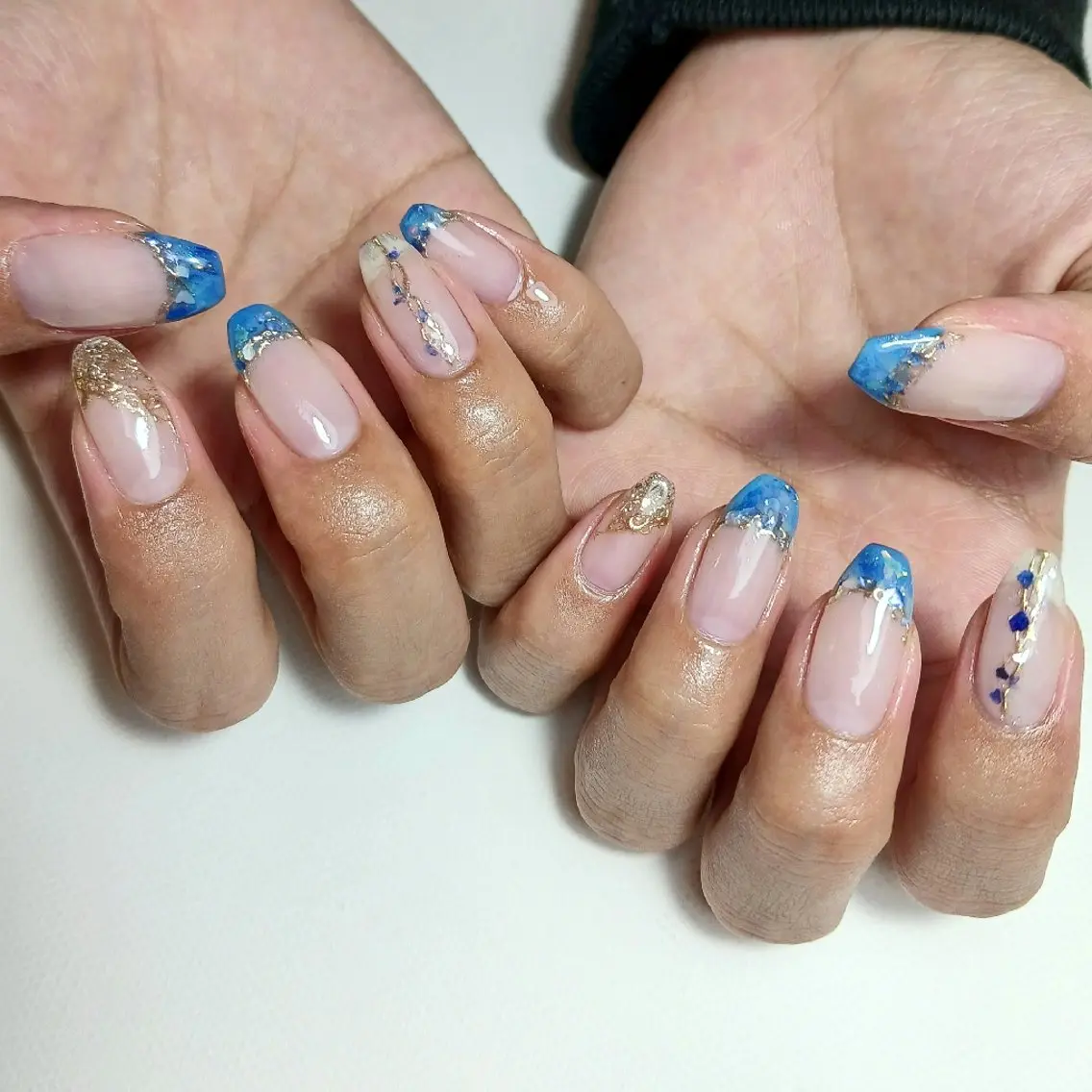 ネイル アートネイル ブルー フレンチネイル ジェルネイル ミラーネイル ハンドネイル owlnail /持込みデザイン専門のネイルデザイン