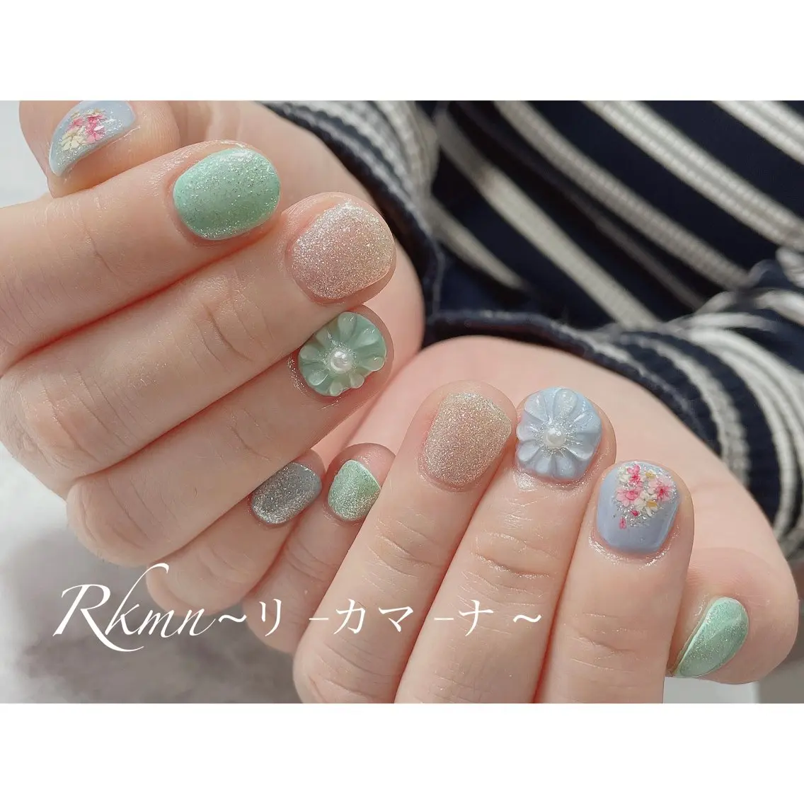 ネイル アートネイル ブルー フラワーネイル グリーン パステルネイル ハンドネイル フットネイル ハンドケア Rkmn ~リ-カマ-ナ~のネイルデザイン