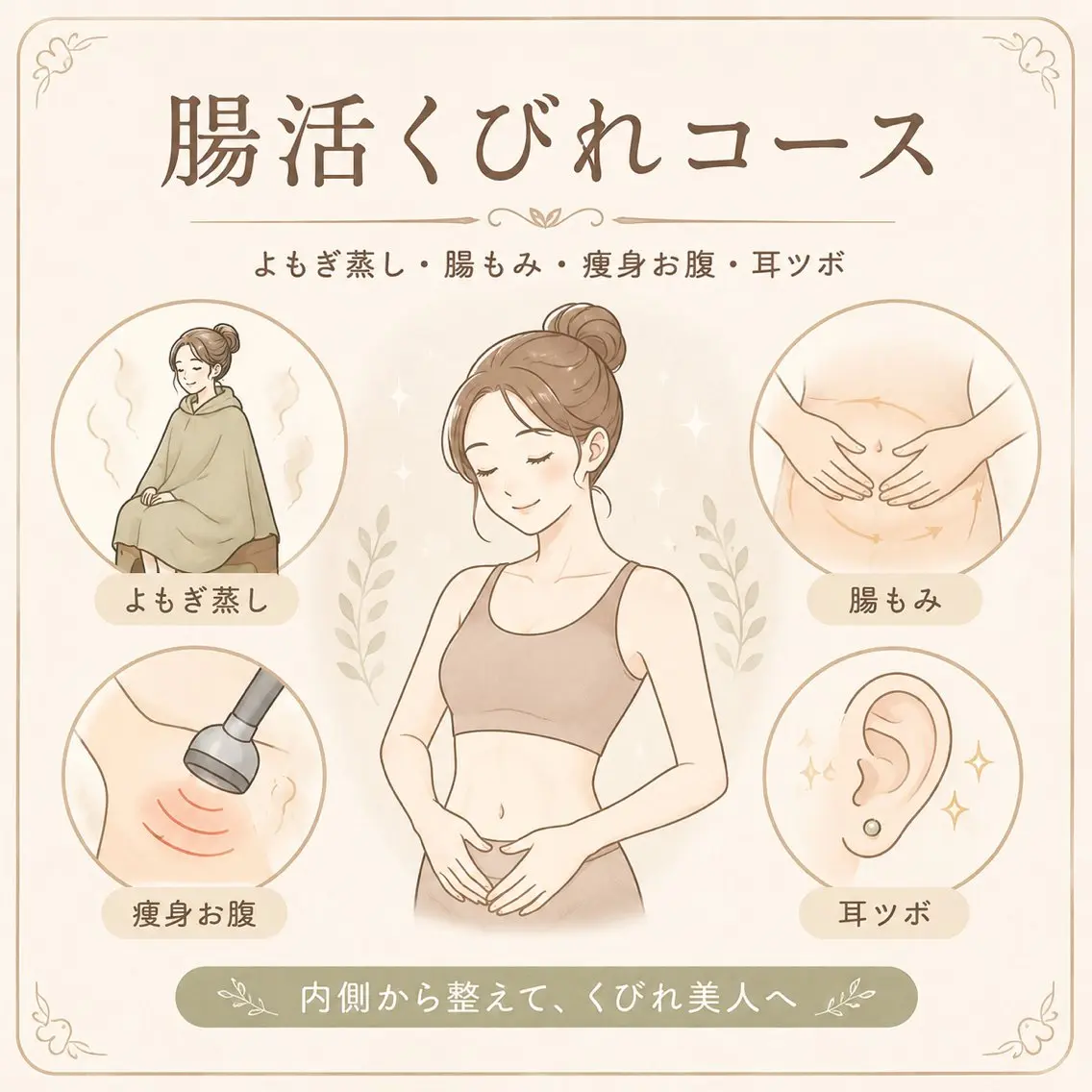 【腸活くびれコース🎀】よもぎ蒸し30分・腸もみ10分・高周波お腹10分・耳ツボジュエリー(ジュエリー無し可)の写真