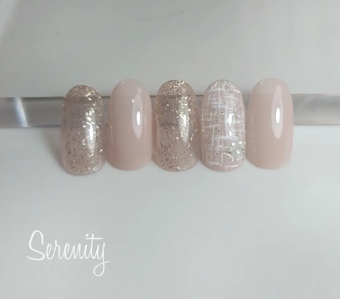 ネイル オフィスネイル ピンク ピンクベージュ ツイードネイル nail  serenityのネイルデザイン
