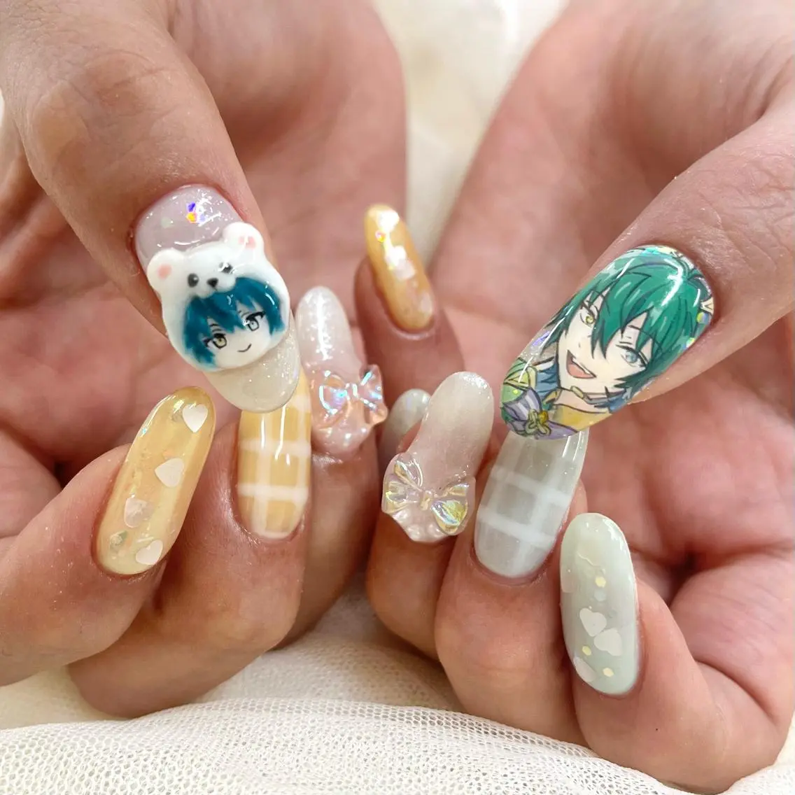 ロング ネイル リボン ハンドネイル 池袋痛ネイル Nok. 渡辺のネイルデザイン