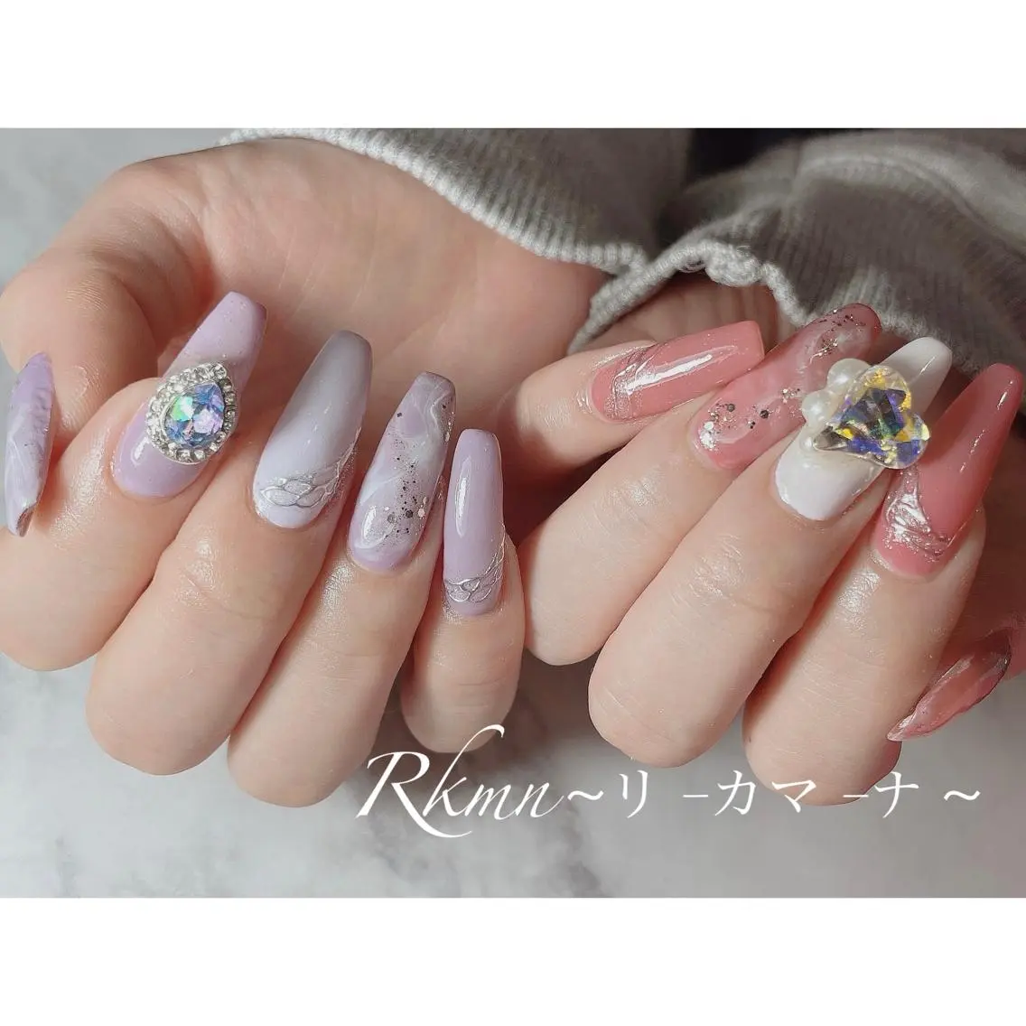 ネイル アートネイル ハート ラメ(グリッター) 大理石ネイル(マーブル) ミラーネイル ハンドネイル フットネイル ハンドケア Rkmn ~リ-カマ-ナ~のネイルデザイン