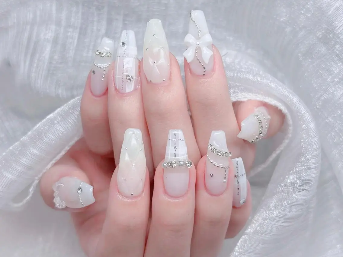 ネイル 成人式 大理石ネイル(マーブル) リボン 夏ネイル ネイルチップ ハンドネイル Mi Na Nail Salonのネイルデザイン