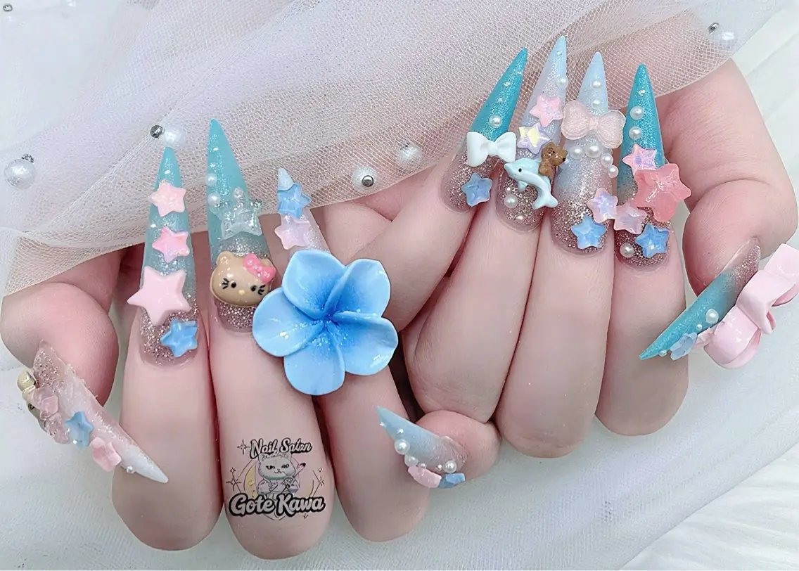 ネイル アートネイル 長さ出し キラキラネイル ピンク リボン ハンドネイル ハンドケア Gote Kawa nail salonのネイルデザイン