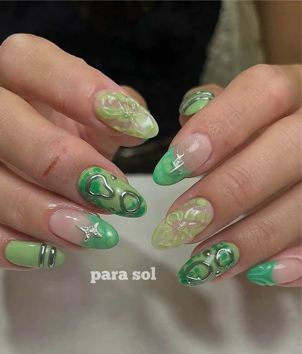 ネイル アートネイル フレンチネイル グリーン ミラーネイル ハンドネイル フットネイル Para Sol nail　Maoのネイルデザイン