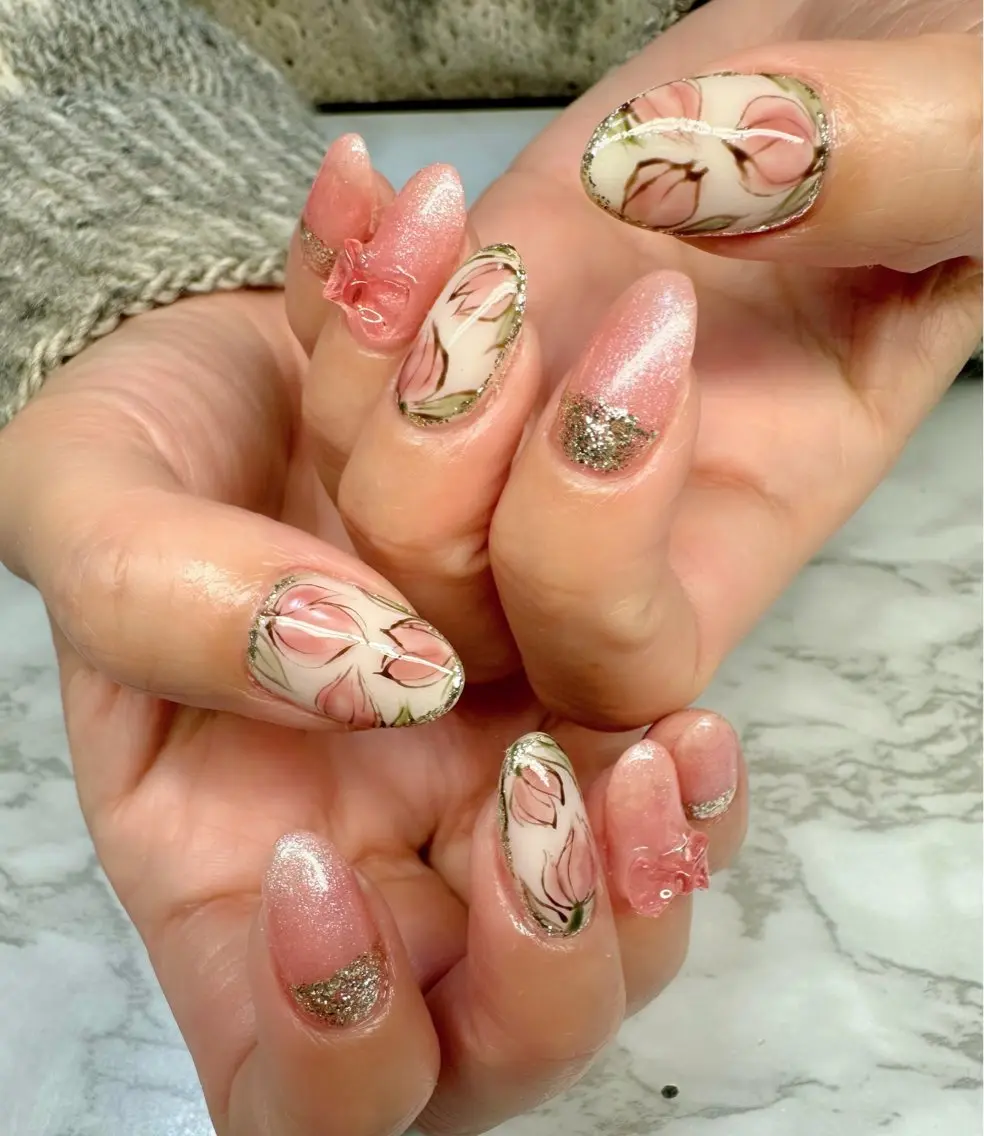 ネイル ラメ(グリッター) ニュアンスネイル リボン 春ネイル Mai’s nailのネイルデザイン