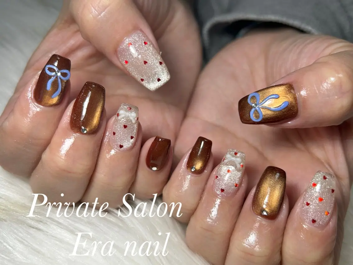 ネイル ハート リボン ハンドネイル Era nailのネイルデザイン