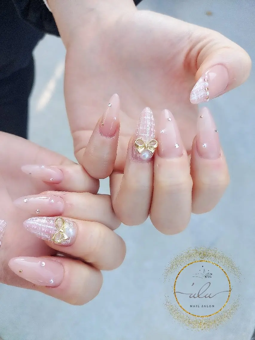 ネイル リボン 春ネイル ツイードネイル ハンドネイル Nailsalon 'uluのネイルデザイン