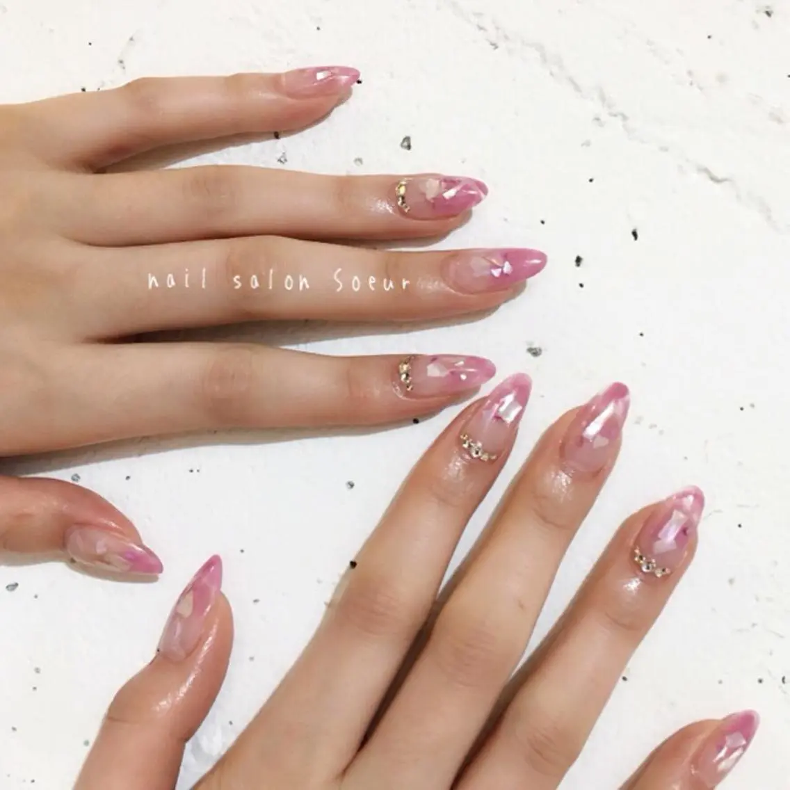 ネイル クリアネイル 大理石ネイル(マーブル) 持ち込み ピンク スカルプネイル ハンドネイル nail salon Soeurのネイルデザイン