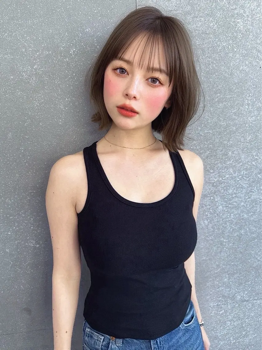 ミディアム カラー 切りっぱなしボブ ボブ カット ヘアカラー トリートメント 加藤 祐莉奈のヘアスタイル