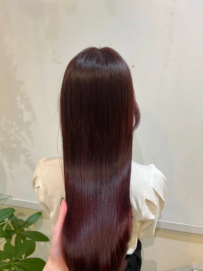 ロング カラー ブリーチ ボルドーカラー ブリーチなしカラー カット ヘアカラー トリートメント ブリーチしない暖色 カラー🥀杉 優菜のヘアスタイル