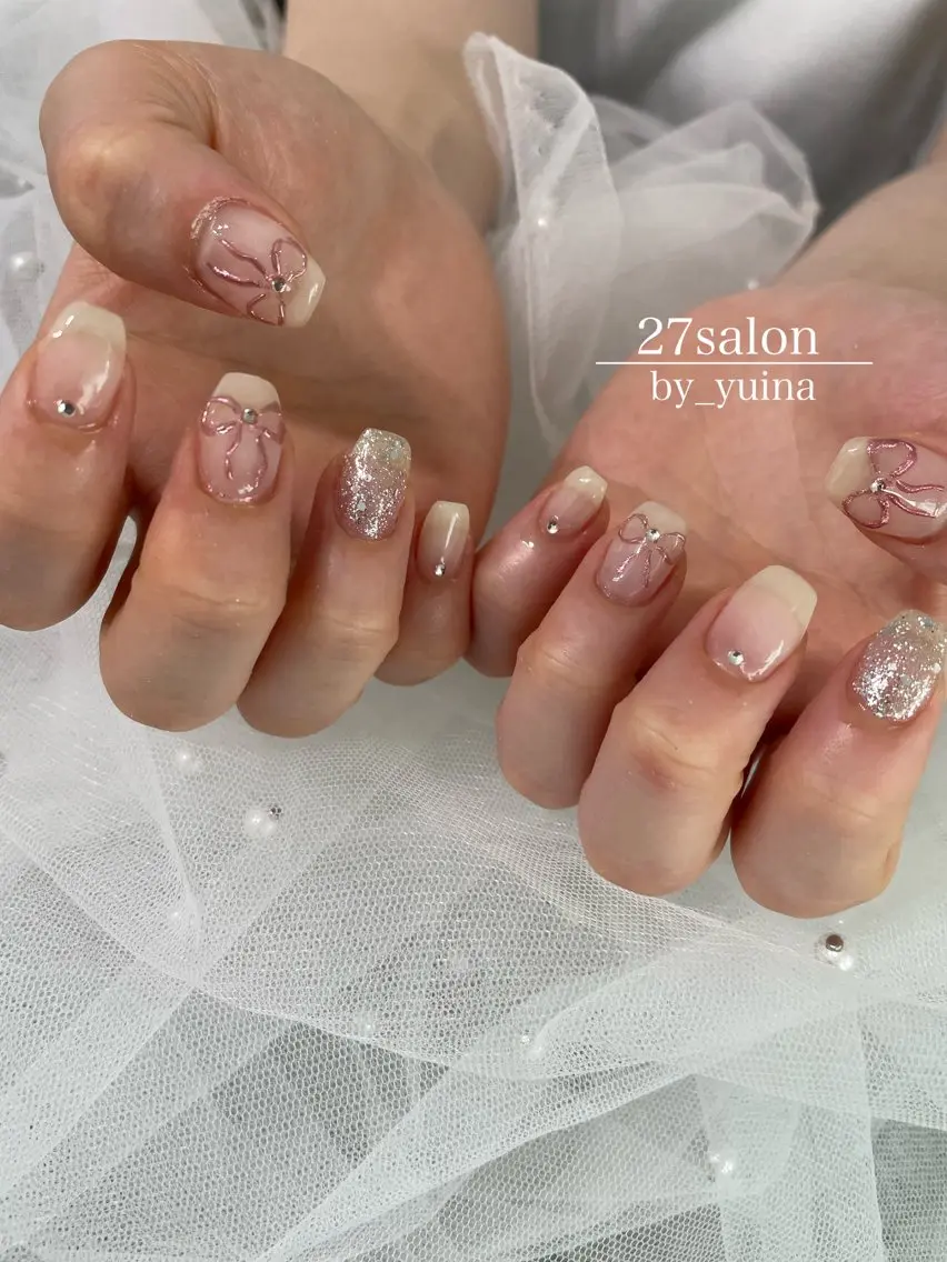 ネイル リボン ワンホンネイル ハンドネイル 27salon yuinaのネイルデザイン