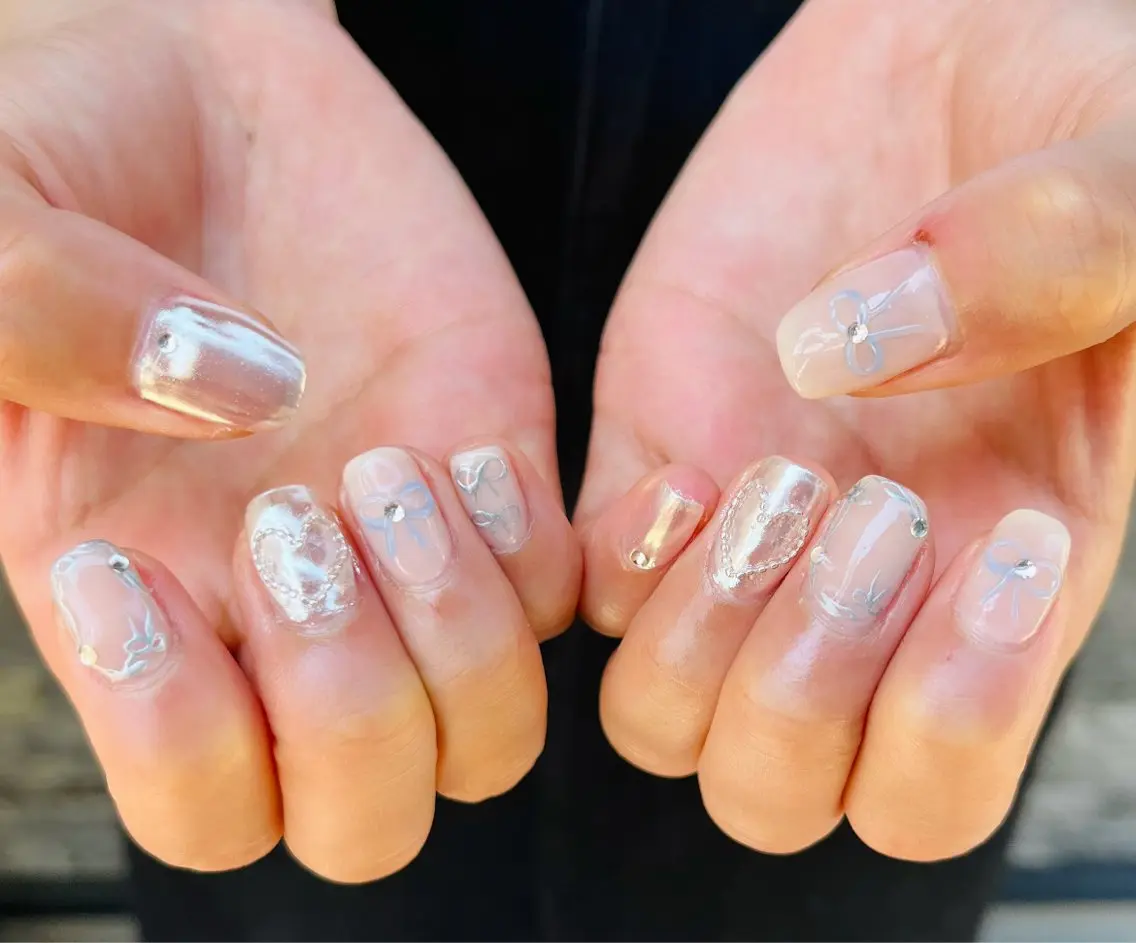 ネイル ハート リボン ハンドネイル HazeGrass NAILのネイルデザイン
