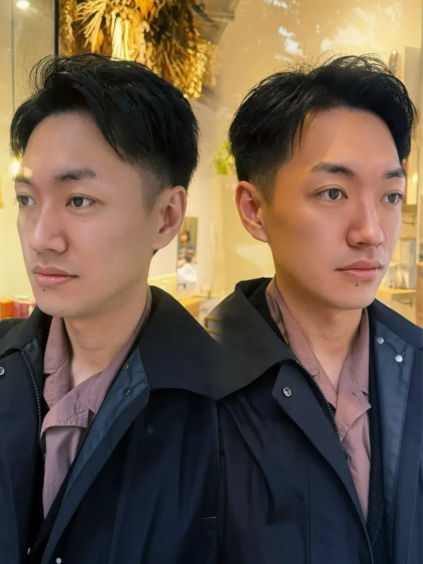 ショート メンズ センターパート ダウンパーマ フェザーパーマ メンズハイライト メンズ韓国風 藤崎百道メンズカット Zina/森井唯央のヘアスタイル