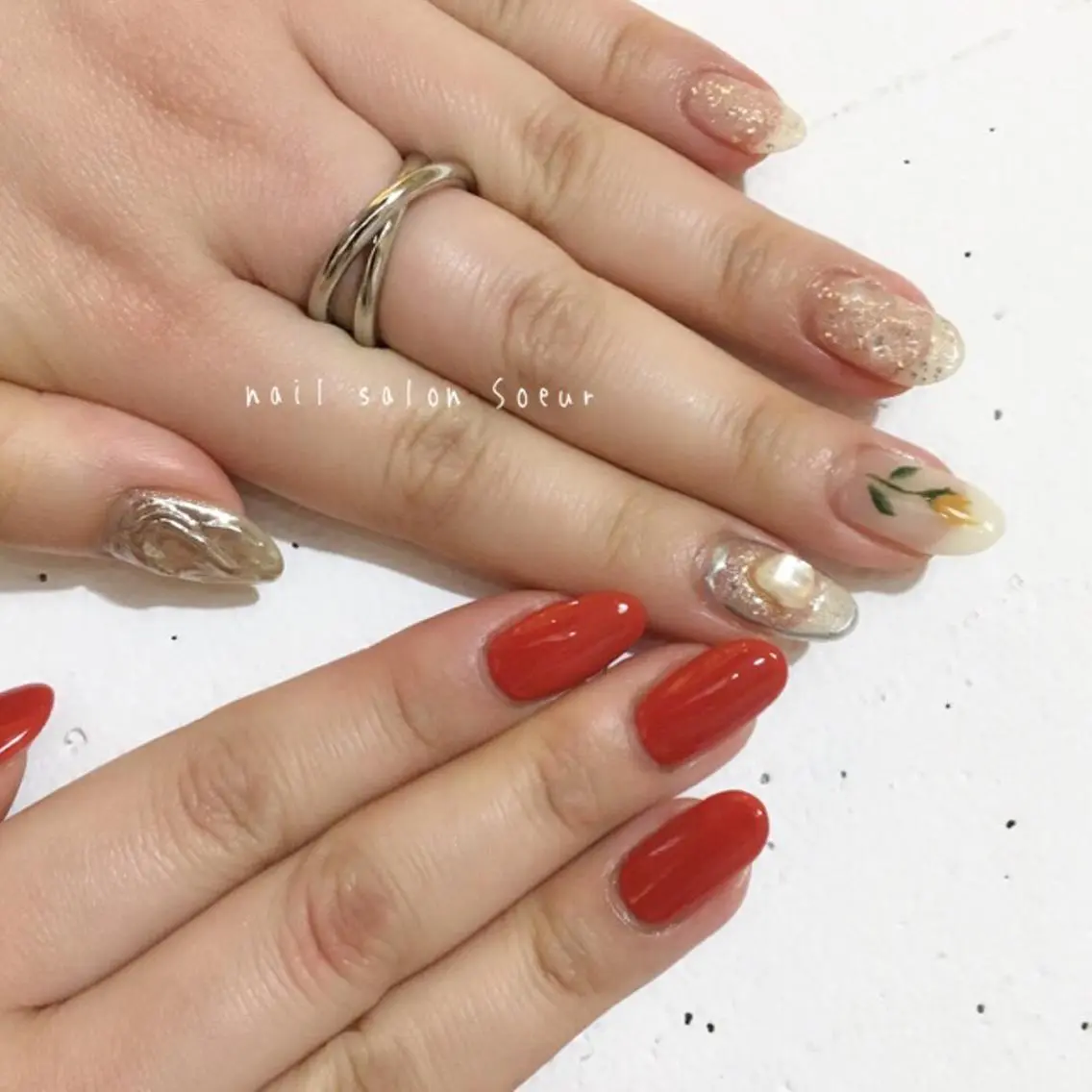 ネイル アートネイル 長さ出し ジェルネイル マットネイル ミラーネイル ハンドネイル nail salon Soeurのネイルデザイン