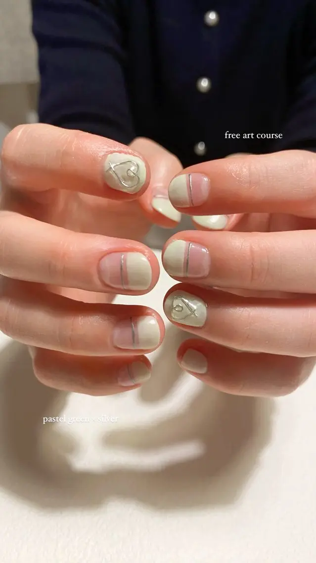 ネイル アートネイル フレンチネイル グリーン ハート パステルネイル umi nailのネイルデザイン