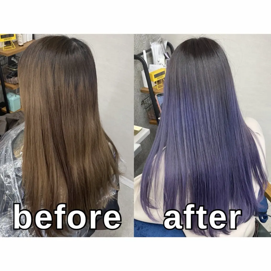ロング カラー バレイヤージュ ブルーカラー ブルーバイオレット グラデーションカラー バイオレットカラー カット ヘアカラー トリートメント Lull1人美容室 イージーパーマのヘアスタイル