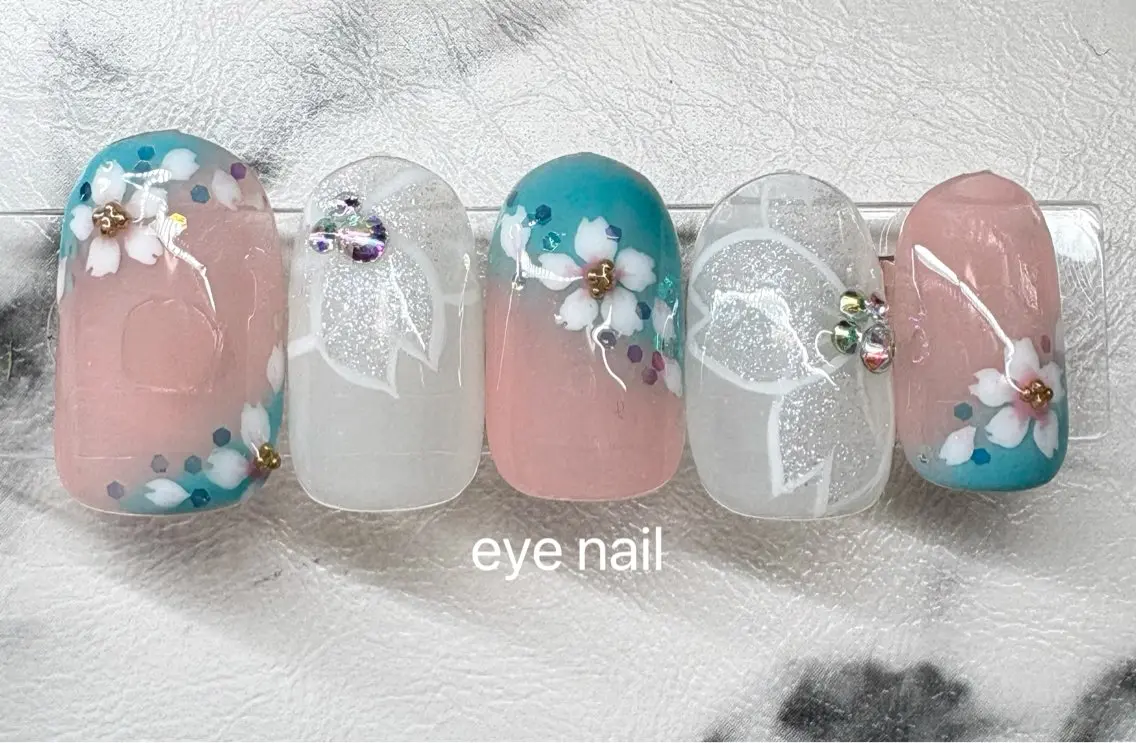 ネイル アートネイル 桜ネイル ジェルネイル ピンク ホワイト ハンドネイル Eye nailのネイルデザイン