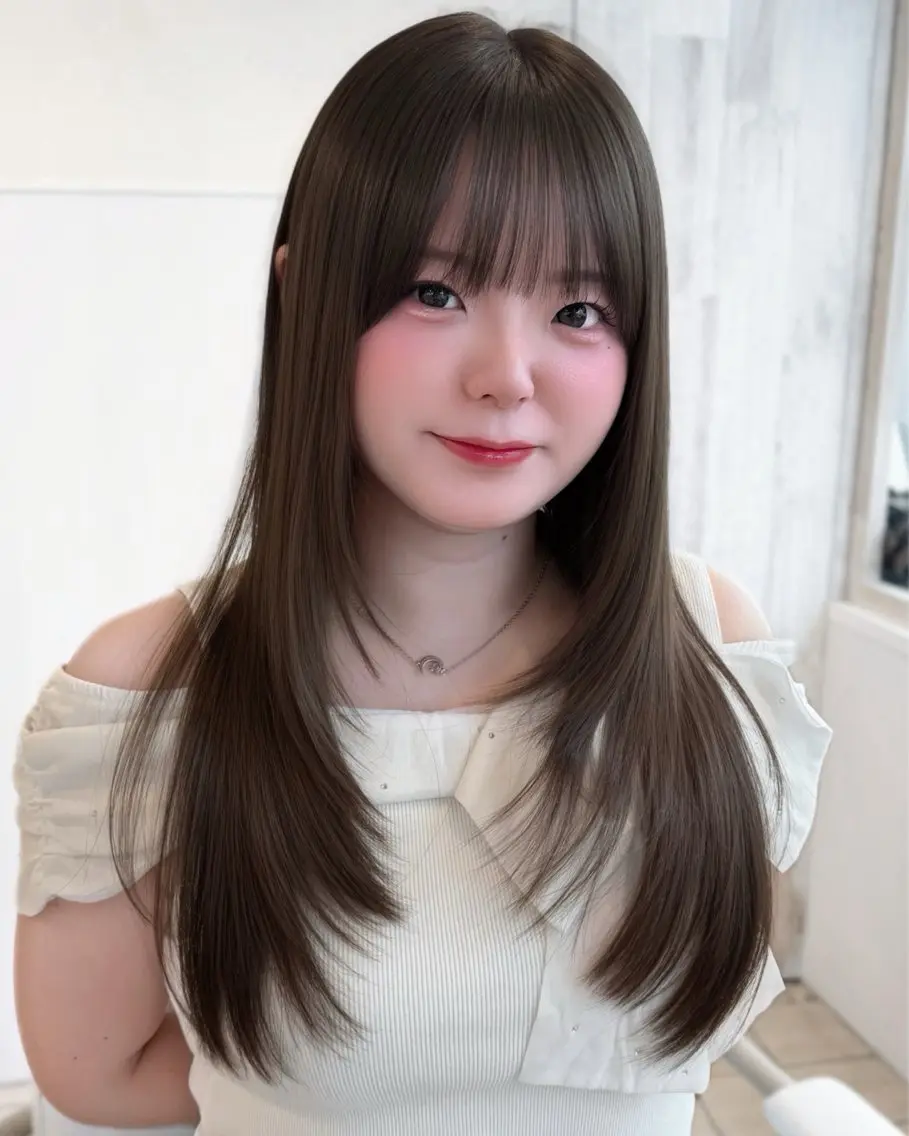 ロング カット ヘアカラー トリートメント 表参道小顔カット前髪 割れ改善クロスパーマのヘアスタイル