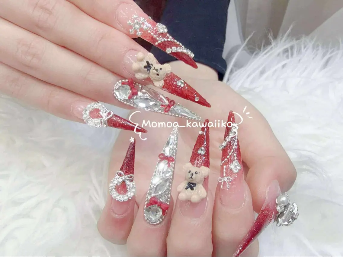 ネイル 成人式 ロングネイル マグネットネイル 大理石ネイル(マーブル) リボン ハンドネイル MoMoA Nail ネイル長さ出し専門店のネイルデザイン
