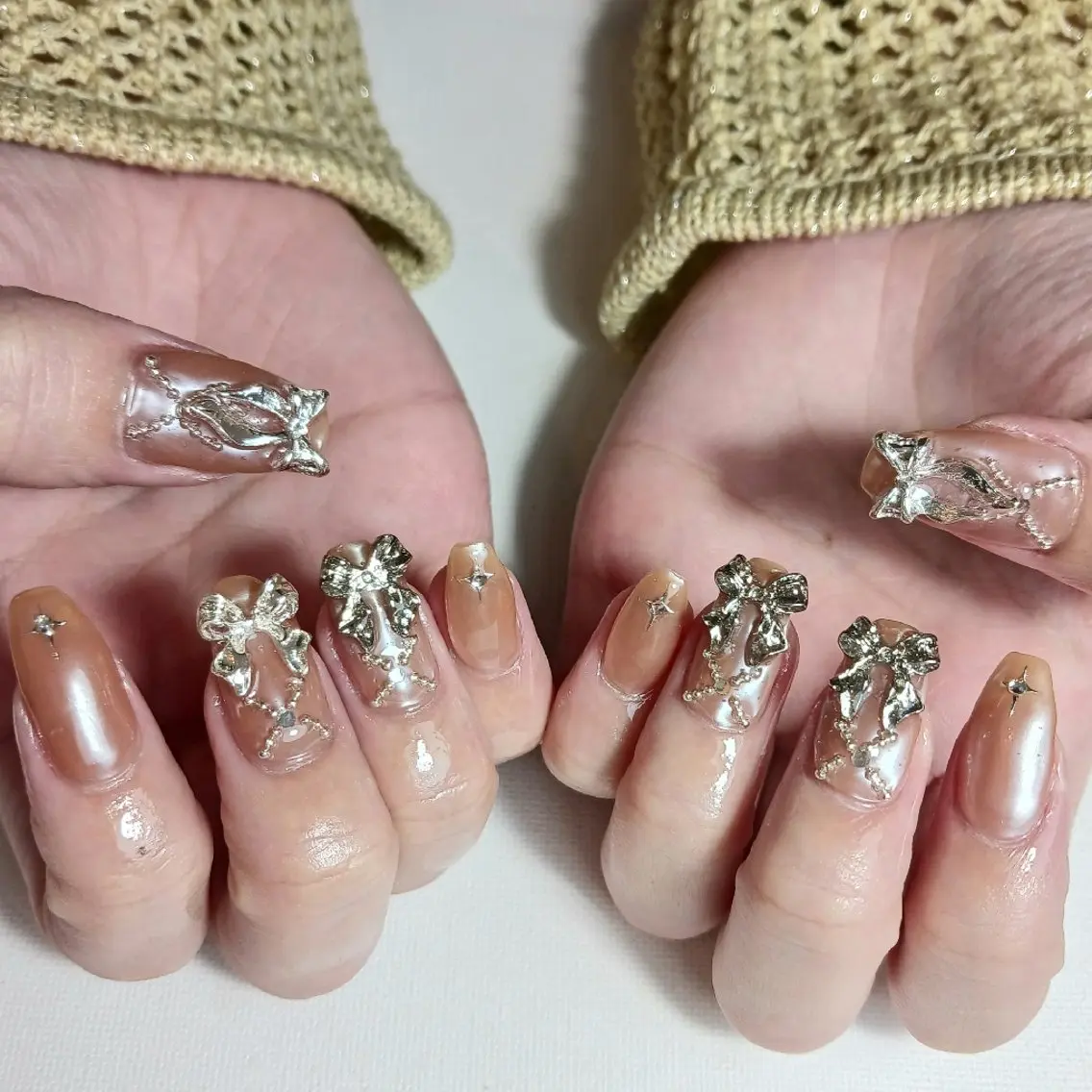 ネイル オーロラネイル ジェルネイル 持ち込み オレンジ リボン ハンドネイル owlnail /持込みデザイン専門のネイルデザイン