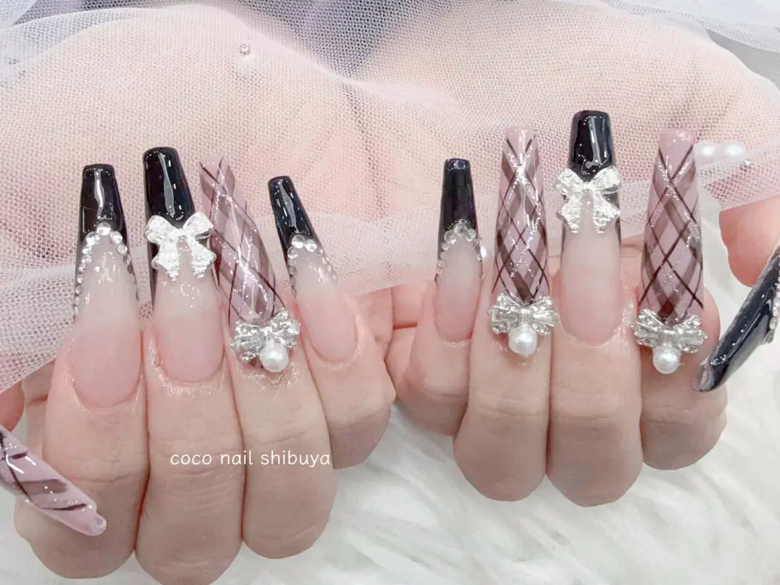 ネイル 成人式 大理石ネイル(マーブル) リボン 夏ネイル ネイルチップ ハンドネイル CoCo Nail 長さ出し専門店のネイルデザイン