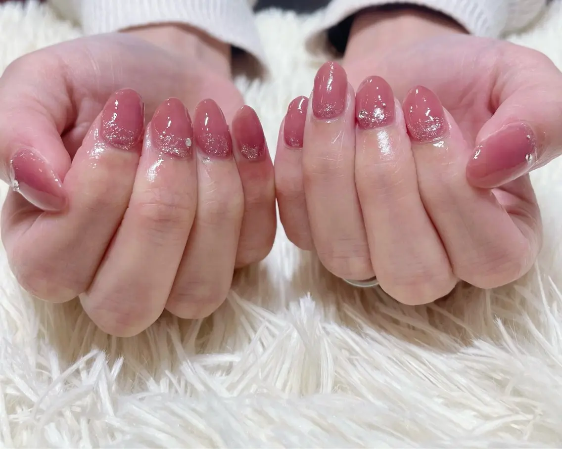 ネイル ラメ(グリッター) ピンク シルバー ストーンネイル feel.a ‎もえ‎のネイルデザイン