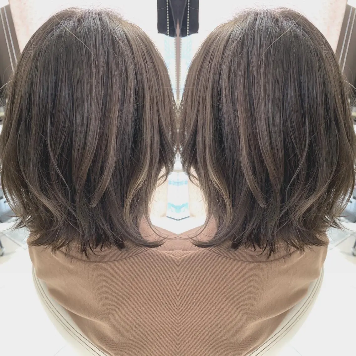 ミディアム カラー ヘアアレンジ ブリーチ グレージュ ブリーチなしカラー Merci メルシー 福岡、今泉のヘアスタイル