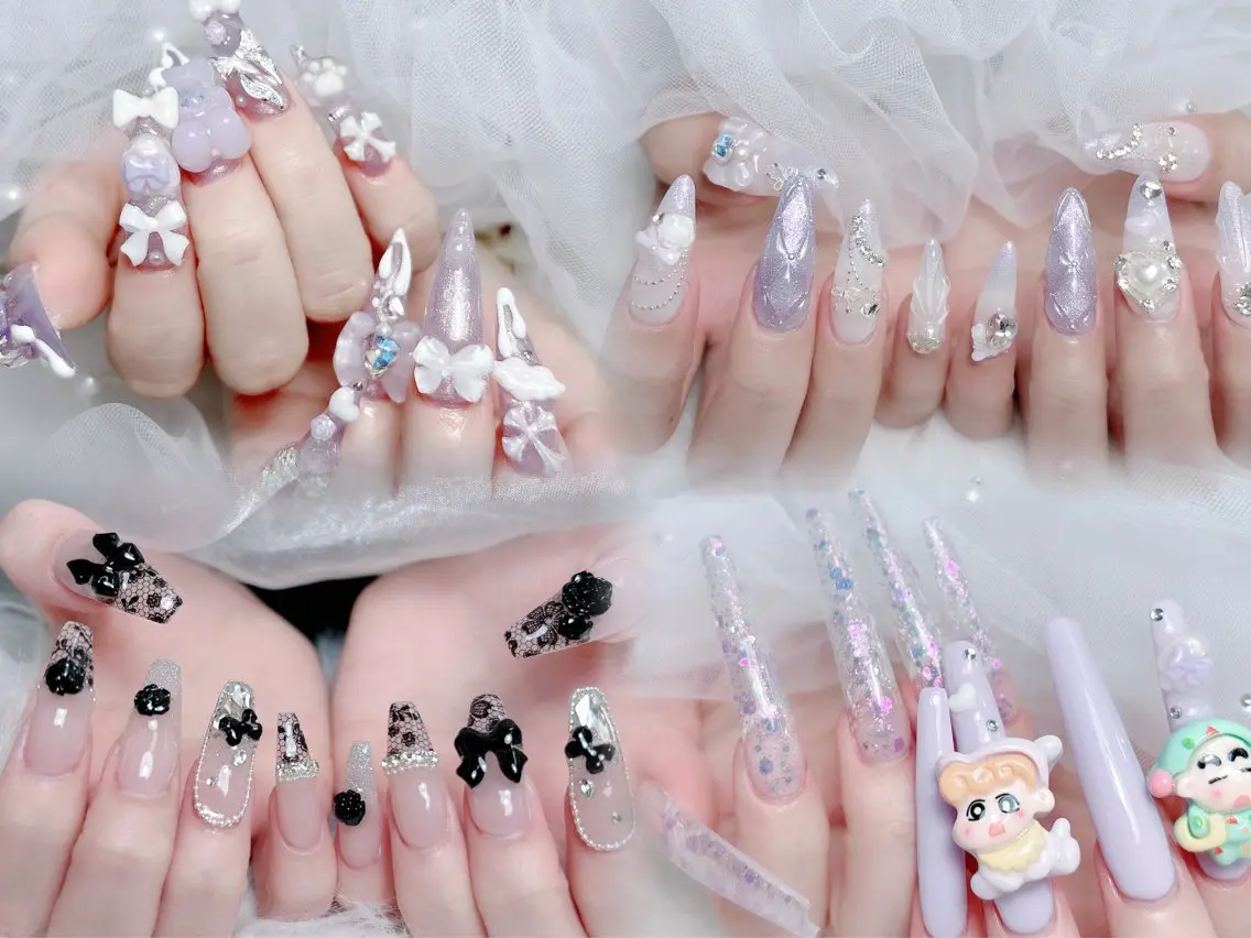 ネイル 成人式 ロングネイル マグネットネイル 大理石ネイル(マーブル) リボン ハンドネイル MoMoA Nail ネイル長さ出し専門店のネイルデザイン