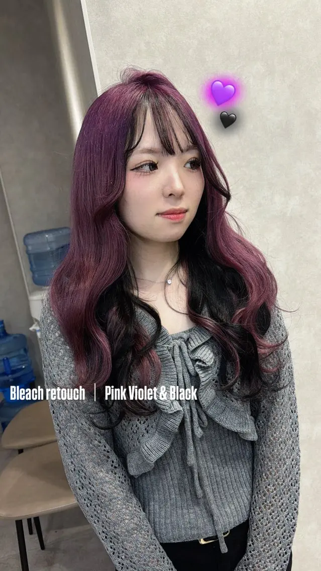 ロング カラー 黒髪 ブリーチ デザインカラー ピンクカラー バイオレットカラー ヘアカラー トリートメント GiseL ゆうな 2階 ブリーチのヘアスタイル